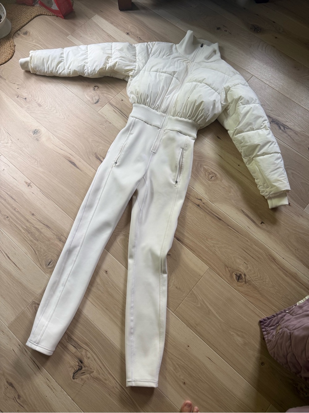 White Women's High-Waist Ponte ski Jumpsuit with Quilted Puffer Top